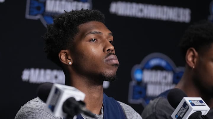 Caleb Love talks to the media before Arizona's Sweet 16 game against Duke.