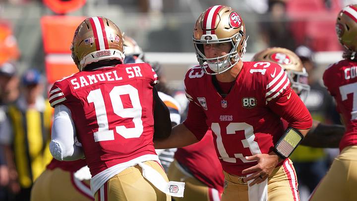 Oct 4, 2026; Santa Clara, California, USA; San Francisco 49ers quarterback Brock Purdy (13) hands off to wide receiver Deebo Samuel Sr. (19) during the first quarter against the Denver Broncos at Levi's Stadium. Mandatory Credit: Darren Yamashita-Imagn Images Oct 4, 2026; Santa Clara, California, USA; San Francisco 49ers quarterback Brock Purdy (13) hands off to wide receiver Deebo Samuel Sr. (19) during the first quarter against the Denver Broncos at Levi's Stadium. Mandatory Credit: Darren Yamashita-Imagn Images