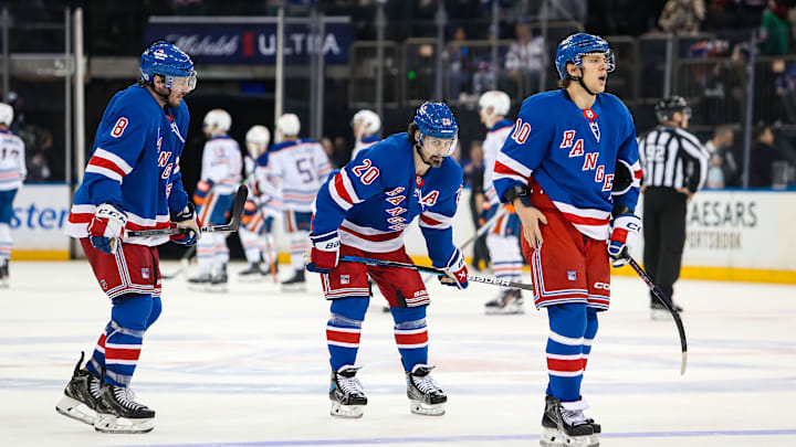 Mar 16, 2025; New York, New York, USA; New York Rangers left wing Artemi Panarin (10), left wing Chris Kreider (20) and center J.T. Miller (8) skate off the ice after a 3-1 loss against the Edmonton Oilers during the third period at Madison Square Garden. Mandatory Credit: Danny Wild-Imagn Images Mar 16, 2025; New York, New York, USA; New York Rangers left wing Artemi Panarin (10), left wing Chris Kreider (20) and center J.T. Miller (8) skate off the ice after a 3-1 loss against the Edmonton Oilers during the third period at Madison Square Garden. Mandatory Credit: Danny Wild-Imagn Images
