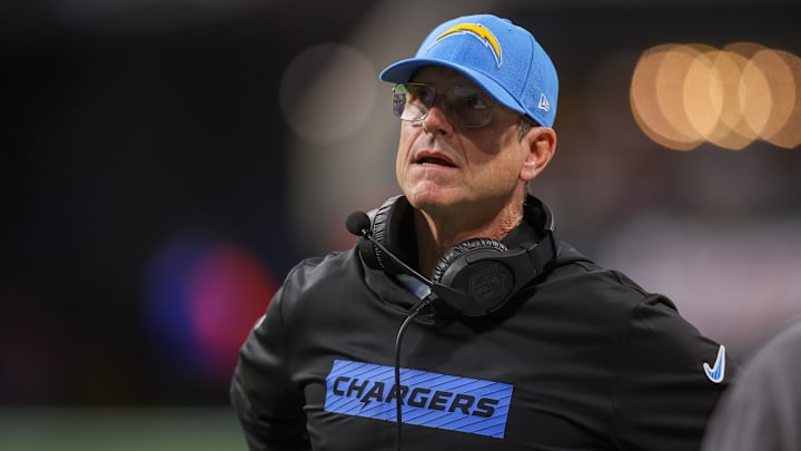 Dec 1, 2024; Atlanta, Georgia, USA; Los Angeles Chargers head coach Jim Harbaugh on the sideline against the Atlanta Falcons in the third quarter at Mercedes-Benz Stadium. Mandatory Credit: Brett Davis-Imagn Images