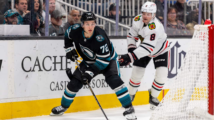 Mar 13, 2025; San Jose, California, USA; San Jose Sharks left wing William Eklund (72) skates with the puck during the third period against the Chicago Blackhawks at SAP Center at San Jose. Mandatory Credit: Bob Kupbens-Imagn Images Mar 13, 2025; San Jose, California, USA; San Jose Sharks left wing William Eklund (72) skates with the puck during the third period against the Chicago Blackhawks at SAP Center at San Jose. Mandatory Credit: Bob Kupbens-Imagn Images
