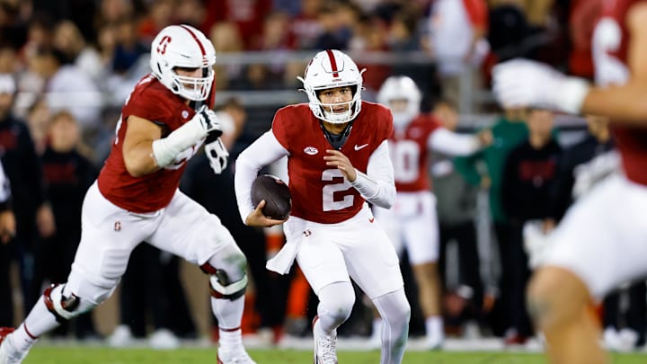 Nov 22, 2025; Stanford, California, USA; Stanford Cardinal quarterback Elijah Brown (2) runs with the ball during the fourth quarter against the California Golden Bears at Stanford Stadium. Mandatory Credit: Sergio Estrada-Imagn Images