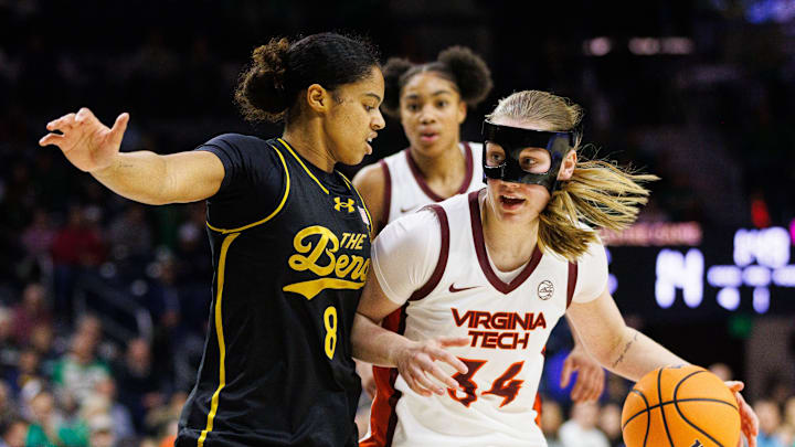 Virginia Tech guard Kayl Petersen (34) drives against Notre Dame guard Cassandre Prosper (8).