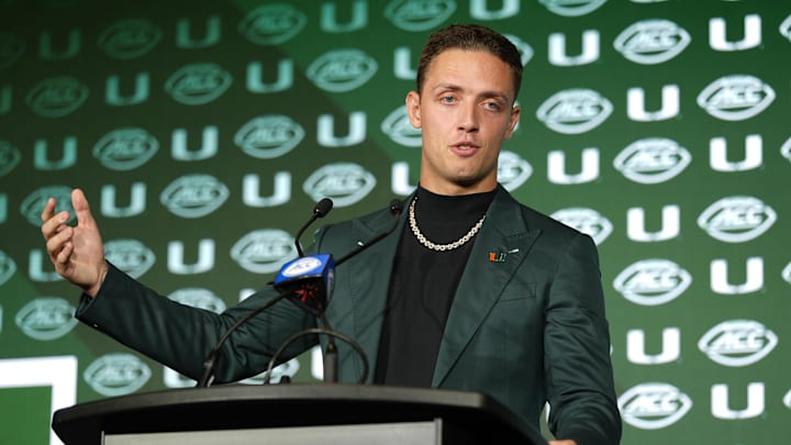 Jul 22, 2025; Charlotte, NC, USA; Miami quarterback Carson Beck answers questions from the media during ACC Media Days at Hilton Charlotte Uptown. Mandatory Credit: Jim Dedmon-Imagn Images Jul 22, 2025; Charlotte, NC, USA; Miami quarterback Carson Beck answers questions from the media during ACC Media Days at Hilton Charlotte Uptown. Mandatory Credit: Jim Dedmon-Imagn Images