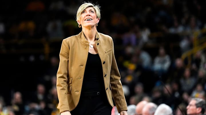 Iowa head coach Jan Jensen reacts during a basketball game against the Michigan State Spartans Jan. 18, 2026 at Carver-Hawkeye Arena in Iowa City, Iowa.