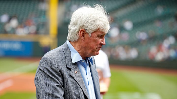 Sep 15, 2021; Seattle, Washington, USA; Seattle Mariners majority owner John Stanton talks with team staff before a game against the Boston Red Sox at T-Mobile Park. Mandatory Credit: Joe Nicholson-Imagn Images
