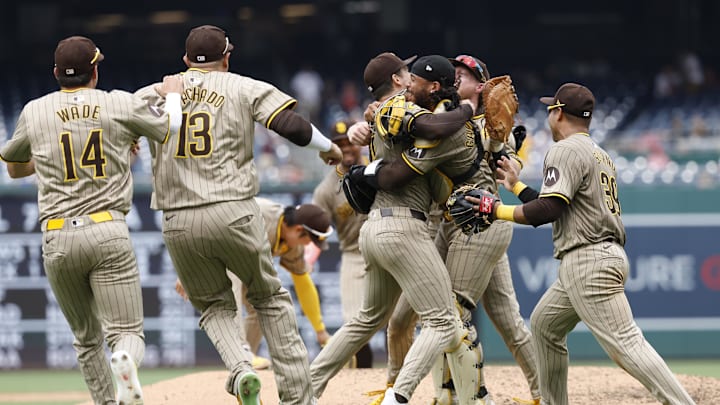 Jul 25, 2024; Washington, District of Columbia, USA; San Diego Padres starting pitcher Dylan Cease (84) celebrates with teammates after the final out of a no-hitter against the Washington Nationals at Nationals Park. Mandatory Credit: Geoff Burke-Imagn Images