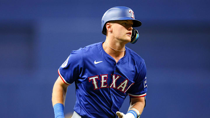 Apr 1, 2024; St. Petersburg, Florida, USA;  Texas Rangers third baseman Josh Jung (6) runs the bases