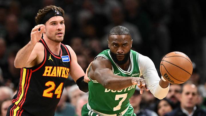 Jan 28, 2026; Boston, Massachusetts, USA; Boston Celtics guard Jaylen Brown (7) passes the ball in front of Atlanta Hawks forward Corey Kispert (24) during the first half at the TD Garden. Mandatory Credit: Brian Fluharty-Imagn Images Jan 28, 2026; Boston, Massachusetts, USA; Boston Celtics guard Jaylen Brown (7) passes the ball in front of Atlanta Hawks forward Corey Kispert (24) during the first half at the TD Garden. Mandatory Credit: Brian Fluharty-Imagn Images