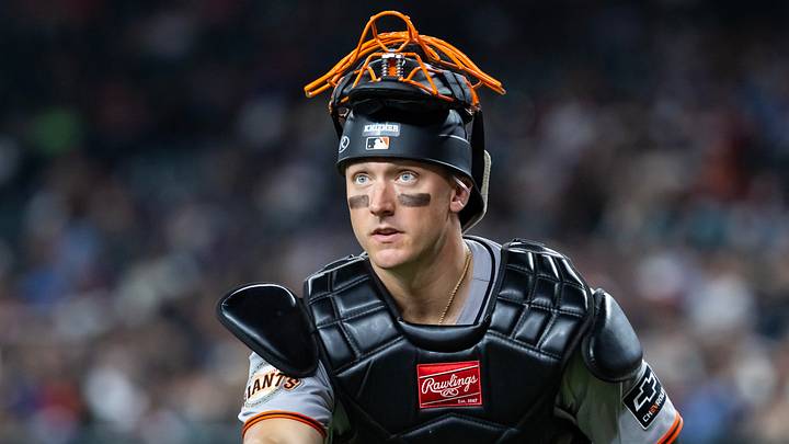 Phoenix, Arizona, USA; San Francisco Giants catcher Andrew Knizner against the Arizona Diamondbacks at Chase Field. Mandatory Credit: Mark J. Rebilas-Imagn Images