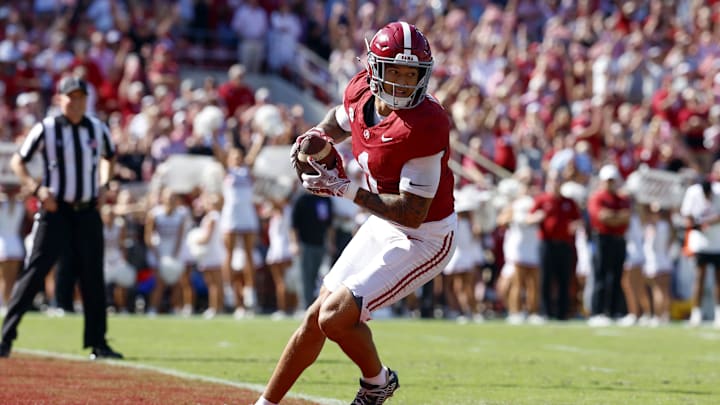 Oct 12, 2024; Tuscaloosa, Alabama, USA;  Alabama Crimson Tide defensive back Domani Jackson (1) intercepts a pass to seal the win over the South Carolina Gamecocks during the second half at Bryant-Denny Stadium. Mandatory Credit: Butch Dill-Imagn Images