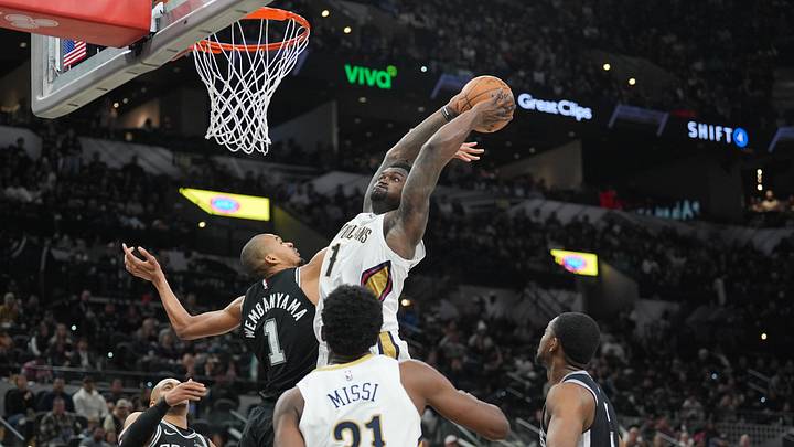 Jan 25, 2026; San Antonio, Texas, USA; New Orleans Pelicans forward Zion Williamson (1) goes up against San Antonio Spurs forward Victor Wembanyama (1) in the second half at Frost Bank Center. Mandatory Credit: Daniel Dunn-Imagn Images Jan 25, 2026; San Antonio, Texas, USA; New Orleans Pelicans forward Zion Williamson (1) goes up against San Antonio Spurs forward Victor Wembanyama (1) in the second half at Frost Bank Center. Mandatory Credit: Daniel Dunn-Imagn Images