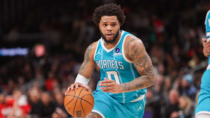 Feb 7, 2026; Atlanta, Georgia, USA; Charlotte Hornets forward Miles Bridges (0) drives to the basket against the Atlanta Hawks in the fourth quarter at State Farm Arena. Mandatory Credit: Brett Davis-Imagn Images