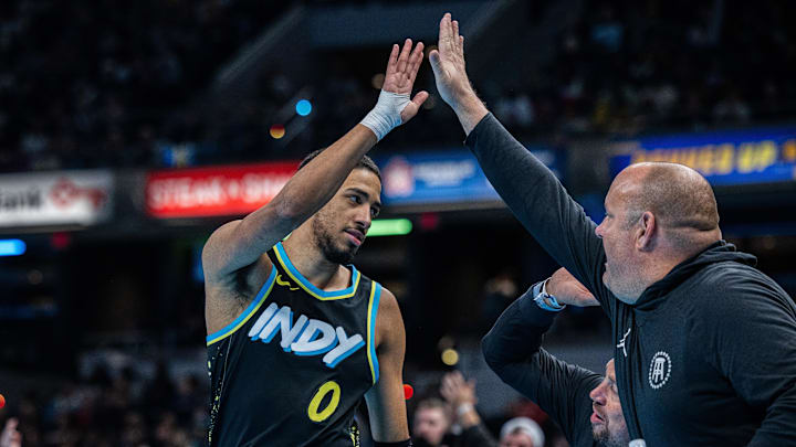 Nov 24, 2023; Indianapolis, Indiana, USA; Indiana Pacers guard Tyrese Haliburton (0) celebrates a made basket with fans in the second half against the Detroit Pistons at Gainbridge Fieldhouse. Mandatory Credit: Trevor Ruszkowski-Imagn Images