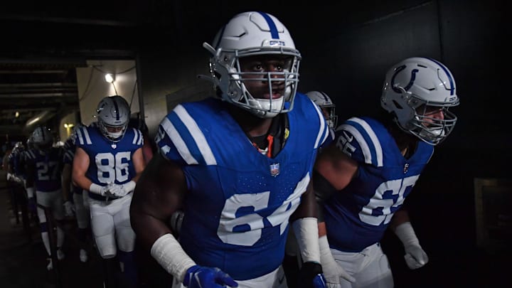 Aug 24, 2023; Philadelphia, Pennsylvania, USA; Indianapolis Colts guard Arlington Hambright (64) and  center Dakoda Shepley (65) in the tunnel against the Philadelphia Eagles at Lincoln Financial Field. Mandatory Credit: Eric Hartline-Imagn Images