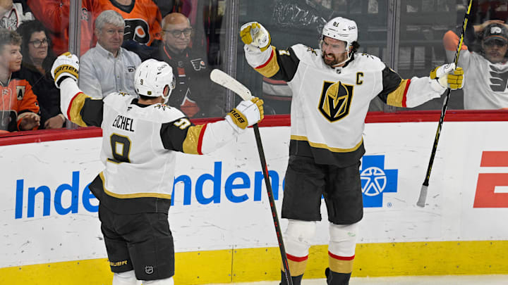 Mark Stone and Jack Eichel celebrating Stone's game-winning overtime goal Mark Stone and Jack Eichel celebrating Stone's game-winning overtime goal