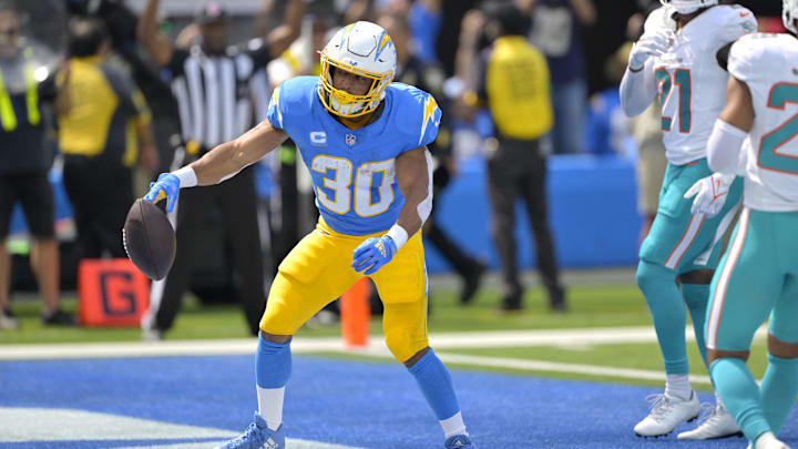 Sep 10, 2023; Inglewood, California, USA; Los Angeles Chargers running back Austin Ekeler (30)
