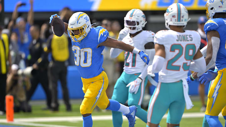 Sep 10, 2023; Inglewood, California, USA; Los Angeles Chargers running back Austin Ekeler (30)