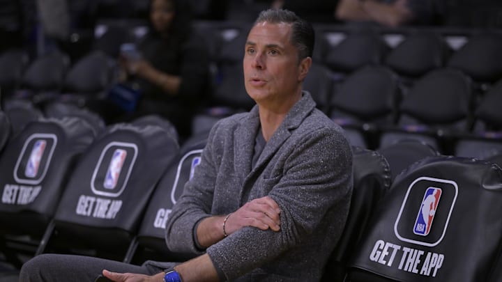 Mar 22, 2023; Los Angeles, California, USA;  Rob Pelinka, Vice President of Operations watches players warm up prior to the game against the Phoenix Suns at Crypto.com Arena. Mandatory Credit: Jayne Kamin-Oncea-USA TODAY Sports