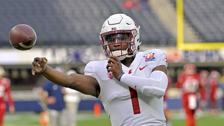 Dec 17, 2022; Inglewood, CA, USA;  Washington State Cougars quarterback Cameron Ward (1) warms up