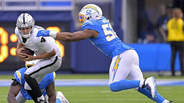 Oct 1, 2023; Inglewood, California, USA;  Las Vegas Raiders quarterback Aidan O'Connell (4) escapes