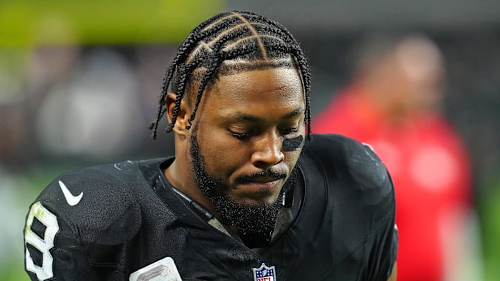 Dec 10, 2023; Paradise, Nevada, USA; Las Vegas Raiders running back Josh Jacobs (8) walks off the field after the Raiders were defeated by the Minnesota Vikings 3-0 at Allegiant Stadium. Mandatory Credit: Stephen R. Sylvanie-USA TODAY Sports