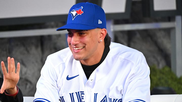 Jul 17, 2022; Los Angeles, CA, USA;  Brandon Barriera reacts after he was selected by the Toronto