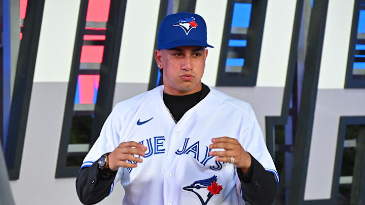 Jul 17, 2022; Los Angeles, CA, USA;  Brandon Barriera reacts after he was selected by the Toronto Blue Jays as the 23rd player in the MLB draft at XBox Plaza at LA Live. Mandatory Credit: Jayne Kamin-Oncea-Imagn Images