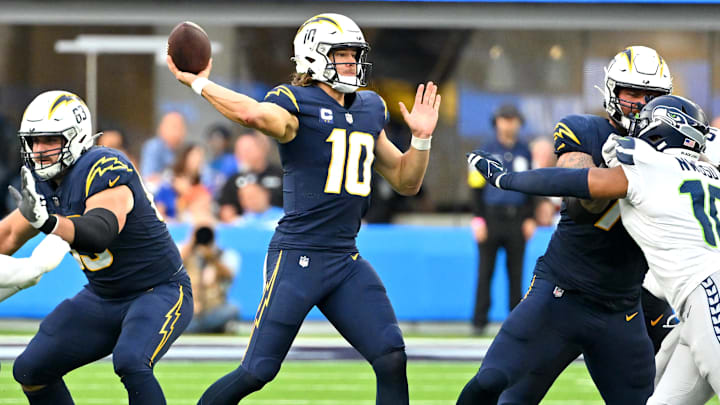 Oct 23, 2022; Inglewood, California, USA;  Los Angeles Chargers quarterback Justin Herbert (10)