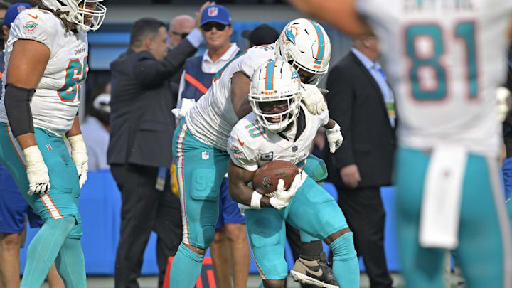 Sep 10, 2023; Inglewood, California, USA;   Miami Dolphins wide receiver Tyreek Hill (10) celebrates