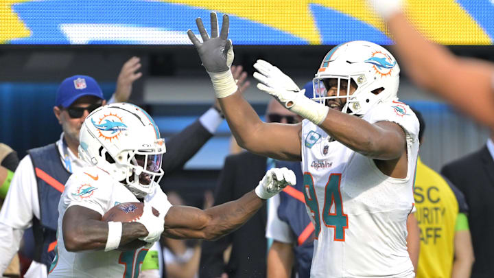 Sep 10, 2023; Inglewood, California, USA;   Miami Dolphins wide receiver Tyreek Hill (10) celebrates
