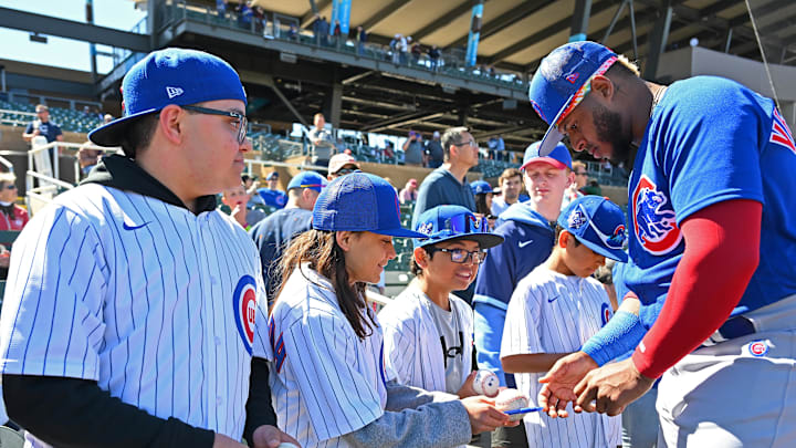 Feb 27, 2023; Salt River Pima-Maricopa, Arizona, USA;   Chicago Cubs center fielder Nelson Velazquez