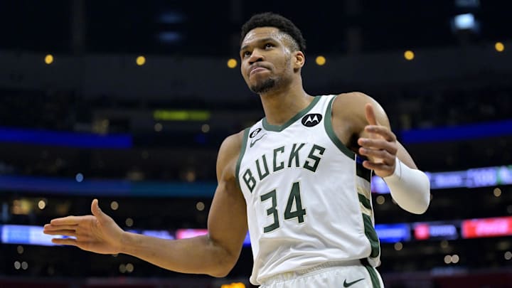 Milwaukee Bucks forward Giannis Antetokounmpo reacts to the crowd after a basket in the fourth quarter against the Los Angeles Clippers at Crypto.com Arena on February 10, 2023.