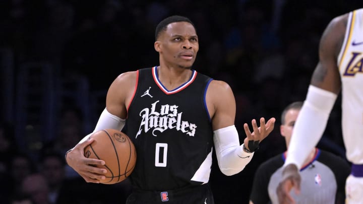 Jan 7, 2024; Los Angeles, California, USA;  Los Angeles Clippers guard Russell Westbrook (0) questions a foul call in the first half against the Los Angeles Lakers at Crypto.com Arena. Mandatory Credit: Jayne Kamin-Oncea-USA TODAY Sports