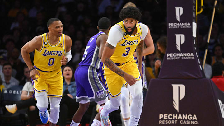 Oct 3, 2022; Los Angeles, California, USA; Los Angeles Lakers forward Anthony Davis (3) and guard Russell Westbrook (0) head down court in the first half against the Sacramento Kings at Crypto.com Arena. Mandatory Credit: Jayne Kamin-Oncea-Imagn Images Oct 3, 2022; Los Angeles, California, USA; Los Angeles Lakers forward Anthony Davis (3) and guard Russell Westbrook (0) head down court in the first half against the Sacramento Kings at Crypto.com Arena. Mandatory Credit: Jayne Kamin-Oncea-Imagn Images