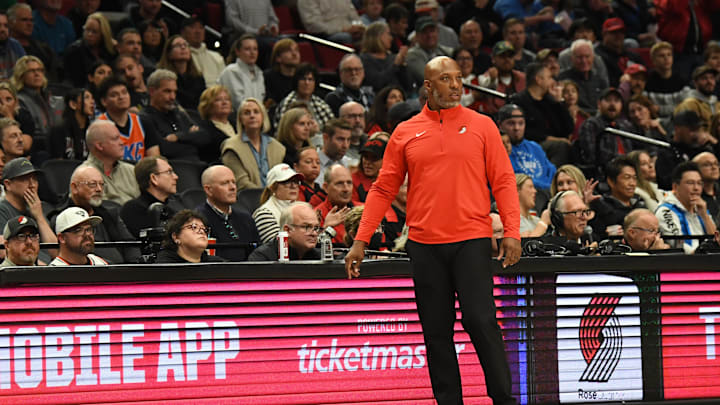 Nov 1, 2024; Portland, Oregon, USA; Portland Trailblazers head coach Chauncey Billups watches play from the sideline during the second quarter at Moda Center. Mandatory Credit: Brian Murphy-Imagn Images