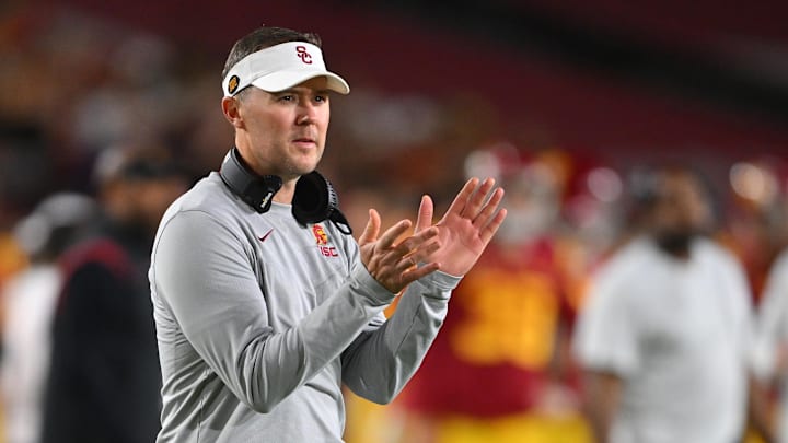 Oct 1, 2022; Los Angeles, California, USA;  USC Trojans head coach Lincoln Riley applauds after a touchdown in the first half against the Arizona State Sun Devils at United Airlines Field at the Los Angeles Memorial Coliseum.