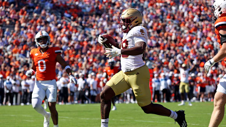 Oct 5, 2024; Charlottesville, Virginia, USA; Boston College Eagles tight end Kamari Morales (88) scores a touchdown during the second quarter against the Virginia Cavaliers at Scott Stadium. Mandatory Credit: Peter Casey-Imagn Images