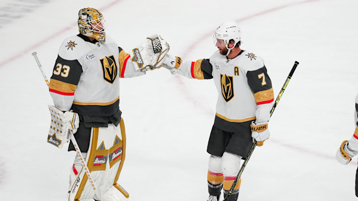 Oct 25, 2024; Las Vegas, Nevada, USA; Vegas Golden Knights goaltender Adin Hill (33) celebrates with Vegas Golden Knights defenseman Alex Pietrangelo (7) after the Golden Knights defeated the Ottawa Senators at T-Mobile Arena. Mandatory Credit: Stephen R. Sylvanie-Imagn Images