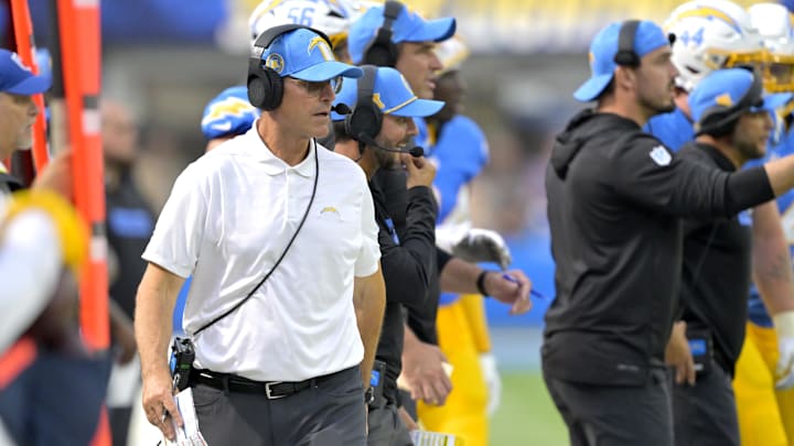 Sep 29, 2024; Inglewood, California, USA;  Los Angeles Chargers head coach Jim Harbaugh on the sidelines in the second half against the Kansas City Chiefs at SoFi Stadium. Mandatory Credit: Jayne Kamin-Oncea-Imagn Images