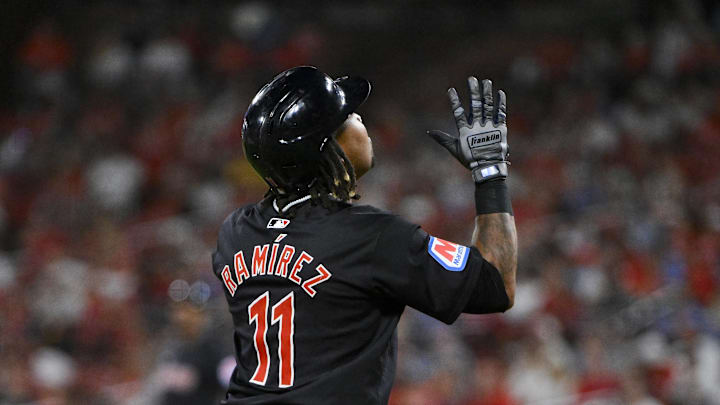 Sep 21, 2024; St. Louis, Missouri, USA; Cleveland Guardians third baseman Jose Ramirez (11) reacts as he runs the bases after hitting a three run home run against the St. Louis Cardinals during the eighth inning at Busch Stadium. Mandatory Credit: Jeff Curry-Imagn Images Sep 21, 2024; St. Louis, Missouri, USA; Cleveland Guardians third baseman Jose Ramirez (11) reacts as he runs the bases after hitting a three run home run against the St. Louis Cardinals during the eighth inning at Busch Stadium. Mandatory Credit: Jeff Curry-Imagn Images