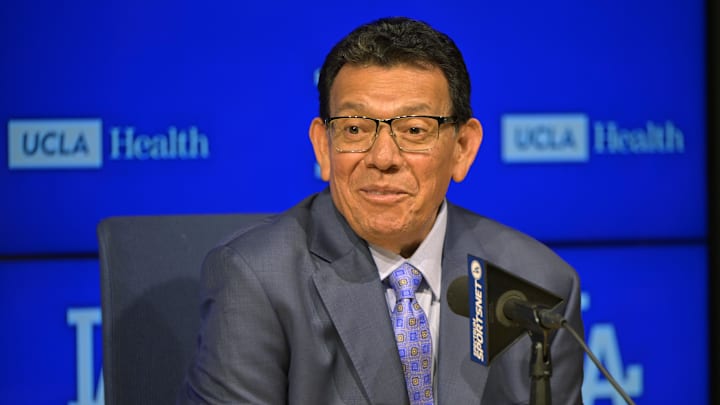 Los Angeles Dodgers pitcher Fernando Valenzuela (34) speaks during a news conference prior to his jersey retirement ceremony at Dodger Stadium on Aug 11. Los Angeles Dodgers pitcher Fernando Valenzuela (34) speaks during a news conference prior to his jersey retirement ceremony at Dodger Stadium on Aug 11.