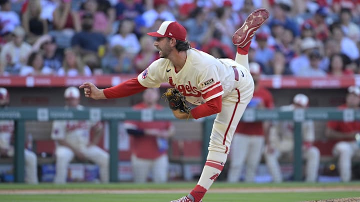 Jul 16, 2023; Anaheim, California, USA;  Los Angeles Angels relief pitcher Zack Weiss (57) throws to the plate in the sixth inning against the Houston Astros at Angel Stadium. Mandatory Credit: Jayne Kamin-Oncea-Imagn Images