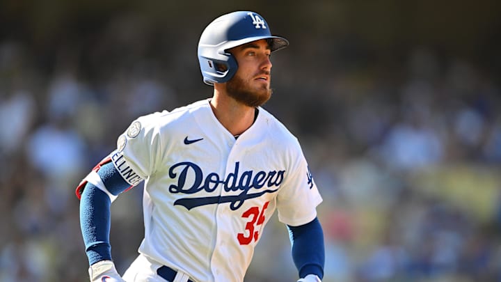 Oct 5, 2022; Los Angeles, California, USA; Los Angeles Dodgers center fielder Cody Bellinger (35) rounds the bases after hitting a solo home run in the seventh inning against the Colorado Rockies at Dodger Stadium. Mandatory Credit: Jayne Kamin-Oncea-Imagn Images