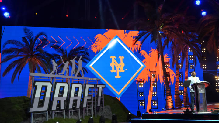 Jul 17, 2022; Los Angeles, CA, USA;  Former MLB player Rajai Davis announces Blade Tidwell as the 52nd pick of the New York Mets during the MLB draft at XBox Plaza at LA Live. Mandatory Credit: Jayne Kamin-Oncea-USA TODAY Sports