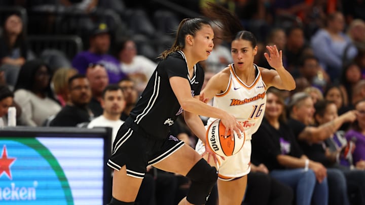 May 11, 2025; Phoenix, AZ, USA; Golden State Valkyries guard Kaitlyn Chen (2) against Phoenix Mercury guard Megan McConnell (16) during a preseason game at PHX Arena. Mandatory Credit: Mark J. Rebilas-Imagn Images