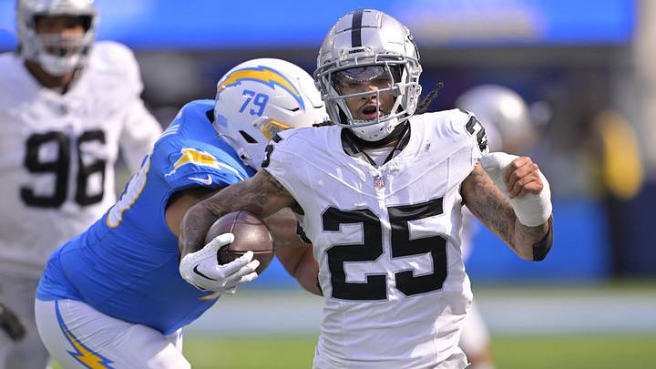 Oct 1, 2023; Inglewood, California, USA; Las Vegas Raiders safety Tre'von Moehrig (25) is forced out of bounds by Los Angeles Chargers offensive tackle Trey Pipkins III (79) after an interception in the second half at SoFi Stadium. Mandatory Credit: Jayne Kamin-Oncea-USA TODAY Sports Oct 1, 2023; Inglewood, California, USA; Las Vegas Raiders safety Tre'von Moehrig (25) is forced out of bounds by Los Angeles Chargers offensive tackle Trey Pipkins III (79) after an interception in the second half at SoFi Stadium. Mandatory Credit: Jayne Kamin-Oncea-USA TODAY Sports