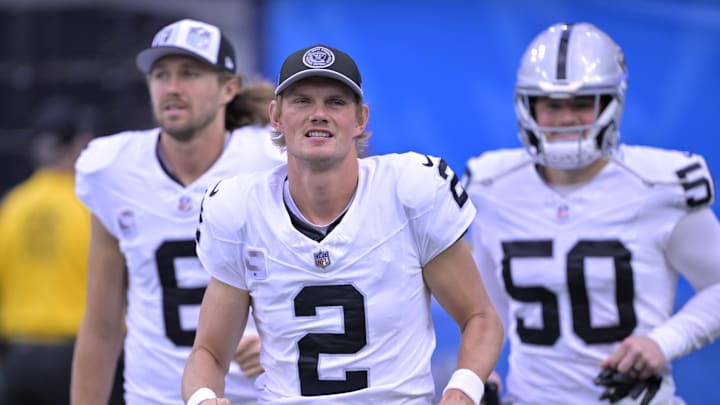 Oct 1, 2023; Inglewood, California, USA; Las Las Vegas Raiders punter AJ Cole (6), place kicker Daniel Carlson (2) and long snapper Jacob Bobenmoyer (50) head on to the field to warm up prior to the game against the Los Angeles Chargers at SoFi Stadium. Mandatory Credit: Jayne Kamin-Oncea-Imagn Images