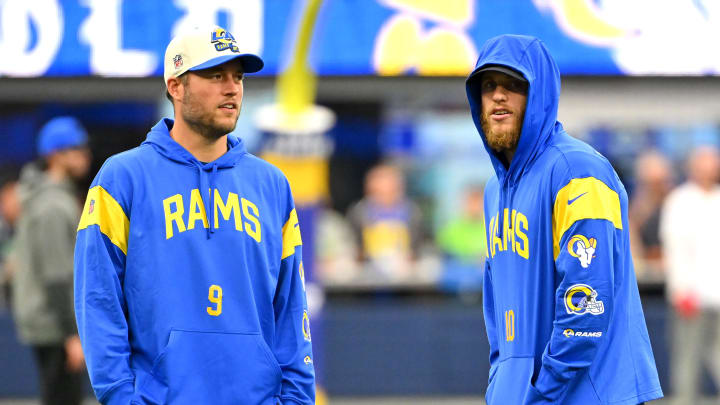 Dec 4, 2022; Inglewood, California, USA; Los Angeles Rams quarterback Matthew Stafford (9) and wide receiver Cooper Kupp (10) on the field prior a game against the Seattle Seahawks at SoFi Stadium. Mandatory Credit: Jayne Kamin-Oncea-USA TODAY Sports Dec 4, 2022; Inglewood, California, USA; Los Angeles Rams quarterback Matthew Stafford (9) and wide receiver Cooper Kupp (10) on the field prior a game against the Seattle Seahawks at SoFi Stadium. Mandatory Credit: Jayne Kamin-Oncea-USA TODAY Sports