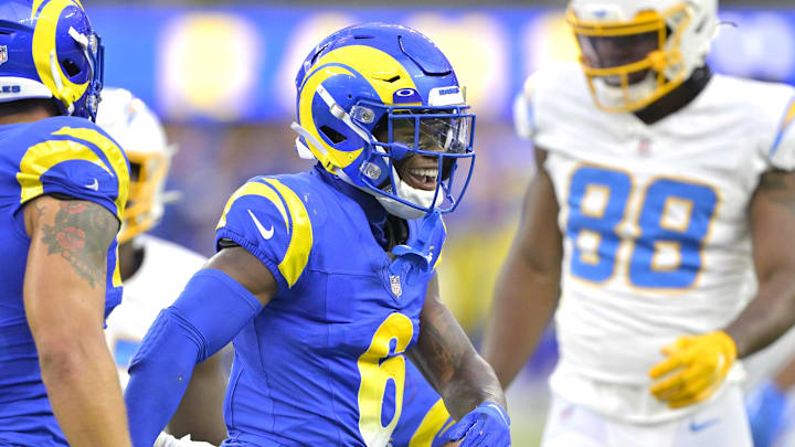 Aug 12, 2023; Inglewood, California, USA;   Los Angeles Rams cornerback Tre Tomlinson (6) celebrates after a tackle in the first half against the Los Angeles Chargers at SoFi Stadium. Mandatory Credit: Jayne Kamin-Oncea-Imagn Images